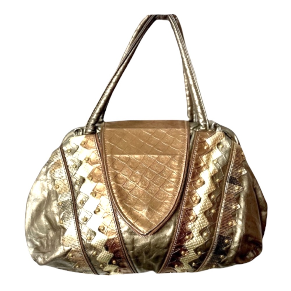 Samir vintage unique leather copper & gold metallic studded shoulder w/cut out